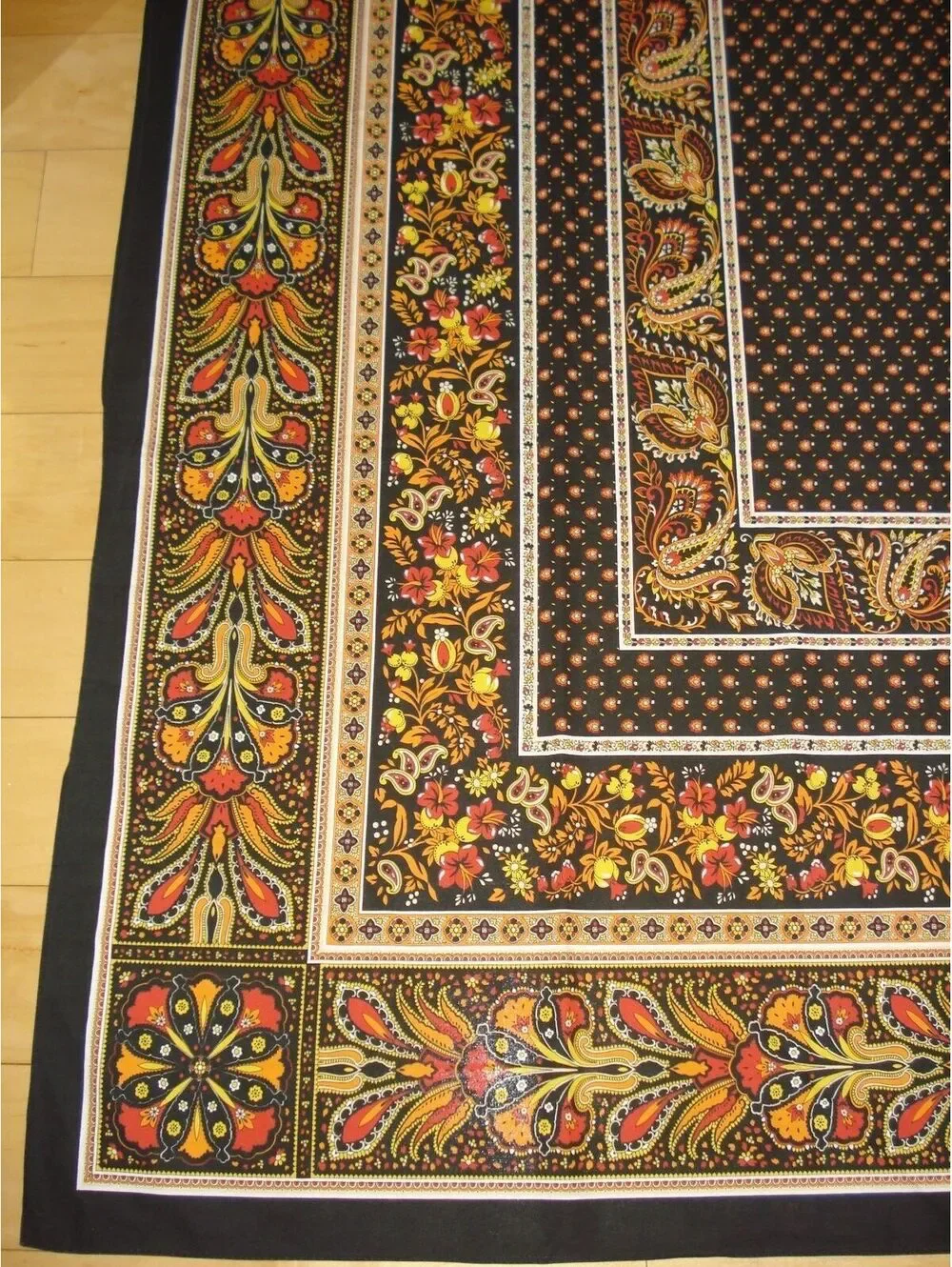 French Orange, Blk, Red & Yellow Floral & Leaf Cotton Tablecloth 95.5